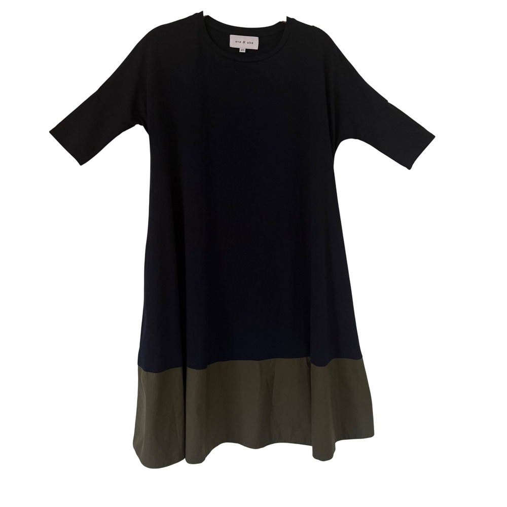 Eve & Abe Navy Blue Olive Green Colorblock T-Shirt Dress with Pockets XS Luxury